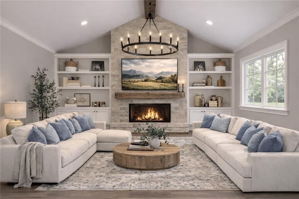 Tall ceilings, fireplace and open floor plan at 17090 Smith Road, Smithville, MO 64089