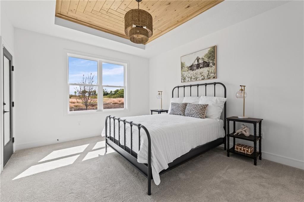 Main-floor primary bedroom and tray ceiling at 18949 W 193rd Terrace, Spring Hill, KS 66083