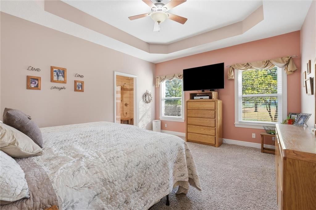 Main-floor primary bedroom and tray ceiling at 27423 New Lancaster Road, Louisburg, KS 66053