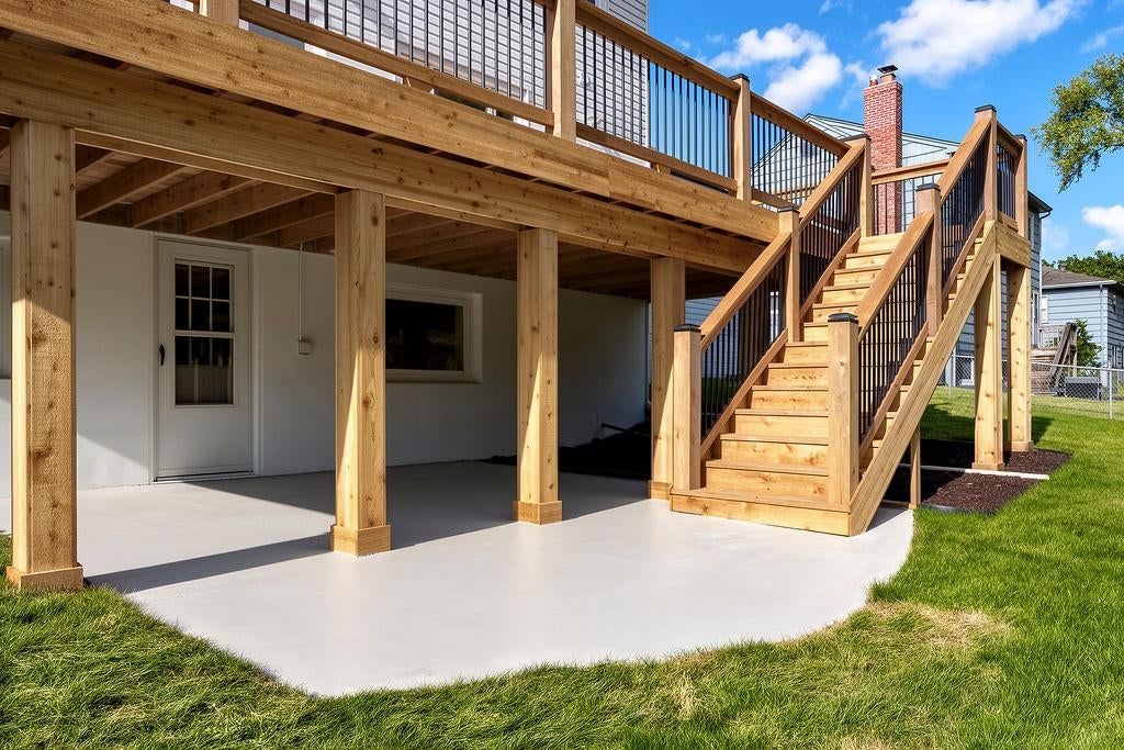 Covered patio and concrete patio at 9931 Woodson Drive, Overland Park, KS 66207