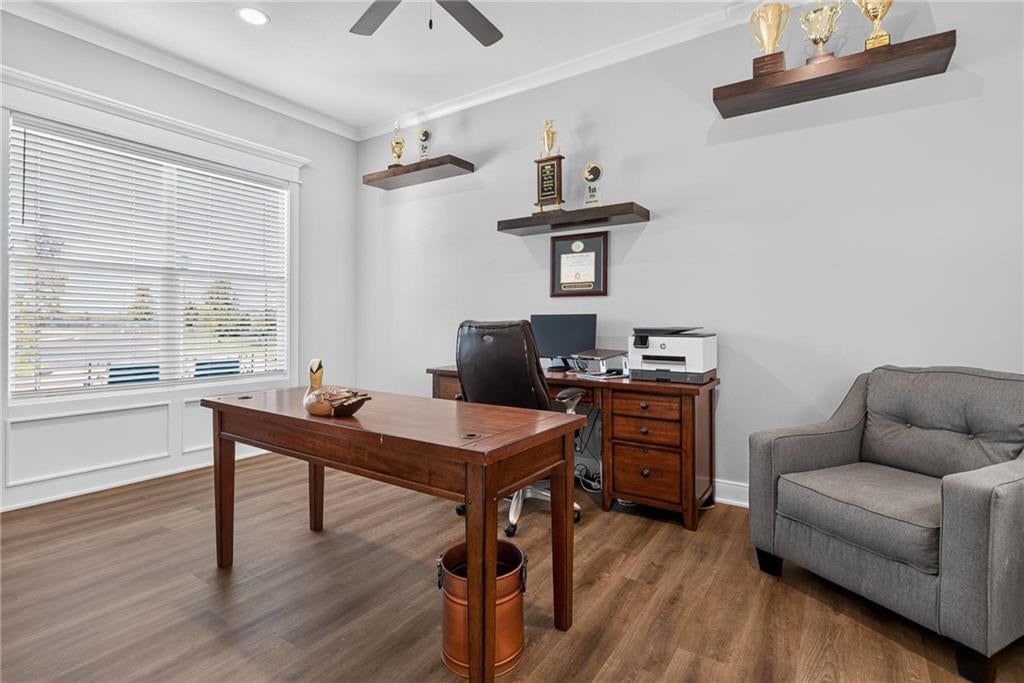 Engineered wood floors, home office and white trim at 17219 S Allman Road, Olathe, KS 66062