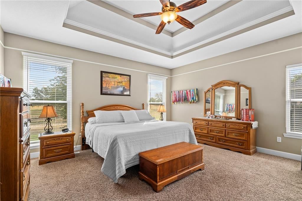 Main-floor primary bedroom and tray ceiling at 207 Peach Tree Avenue, Lone Jack, MO 64070