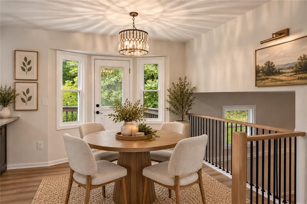 Statement lighting and breakfast nook at 7606 NW 73rd Court, Kansas City, MO 64152