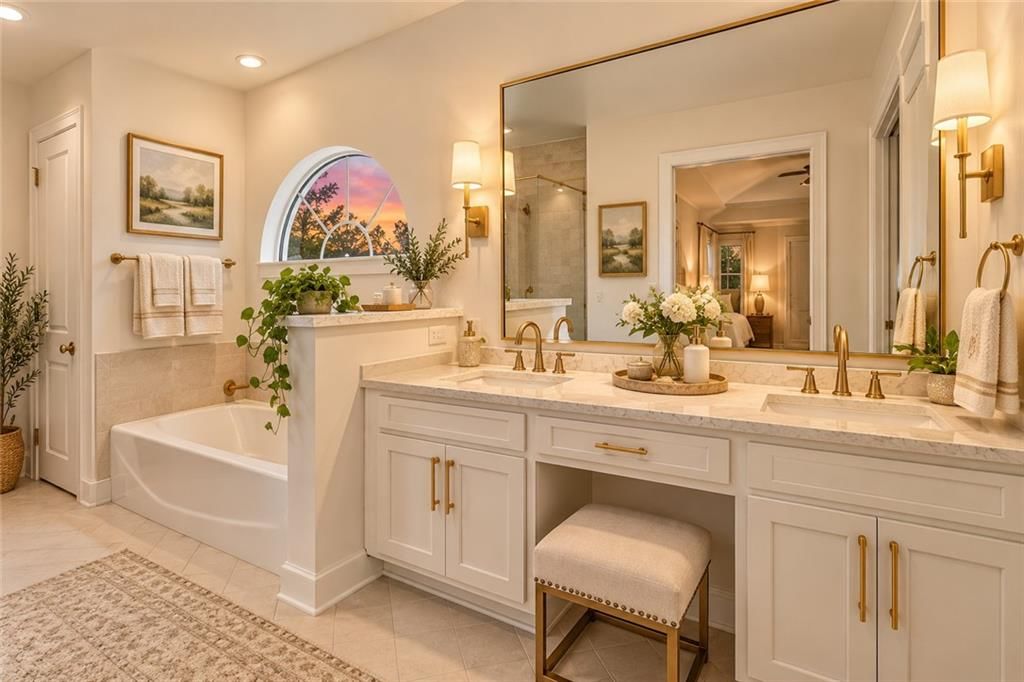 Tiled shower, double vanity and white vanity at 15821 Horton Court, Overland Park, KS 66223