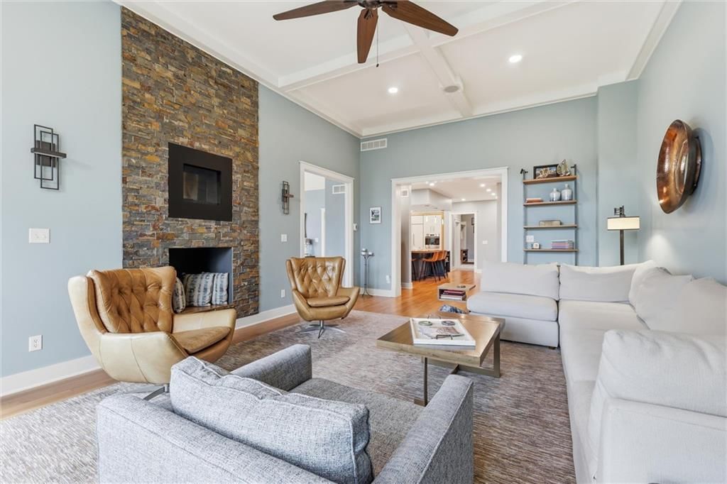 Fireplace and stone fireplace at 43 L Street, Lake Lotawana, MO 64086
