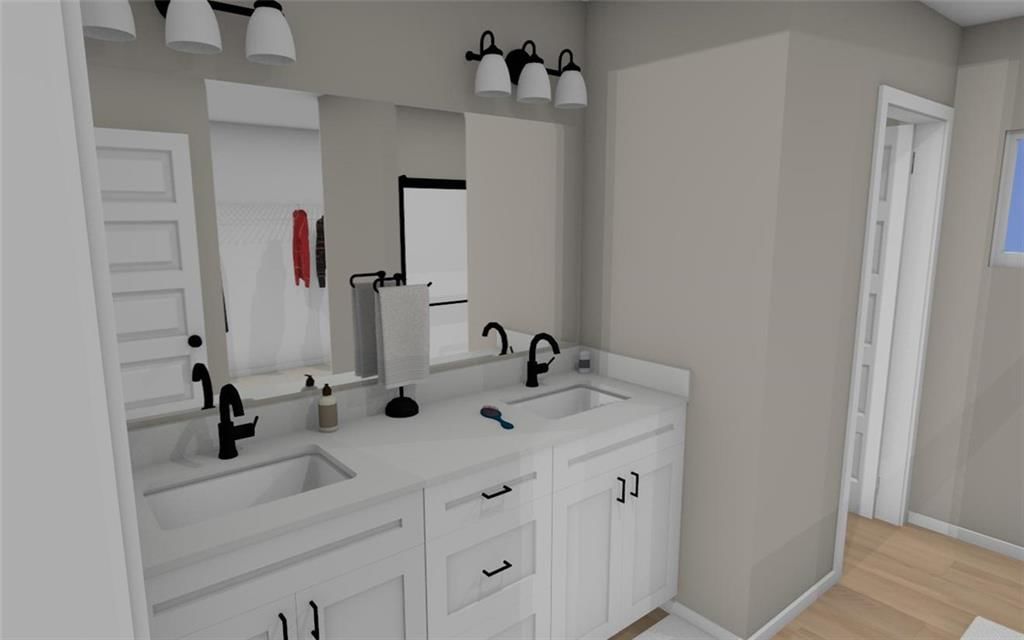 Tiled shower, double vanity and white vanity at 3547 SE Kings Tree Drive, Lee's Summit, MO 64083